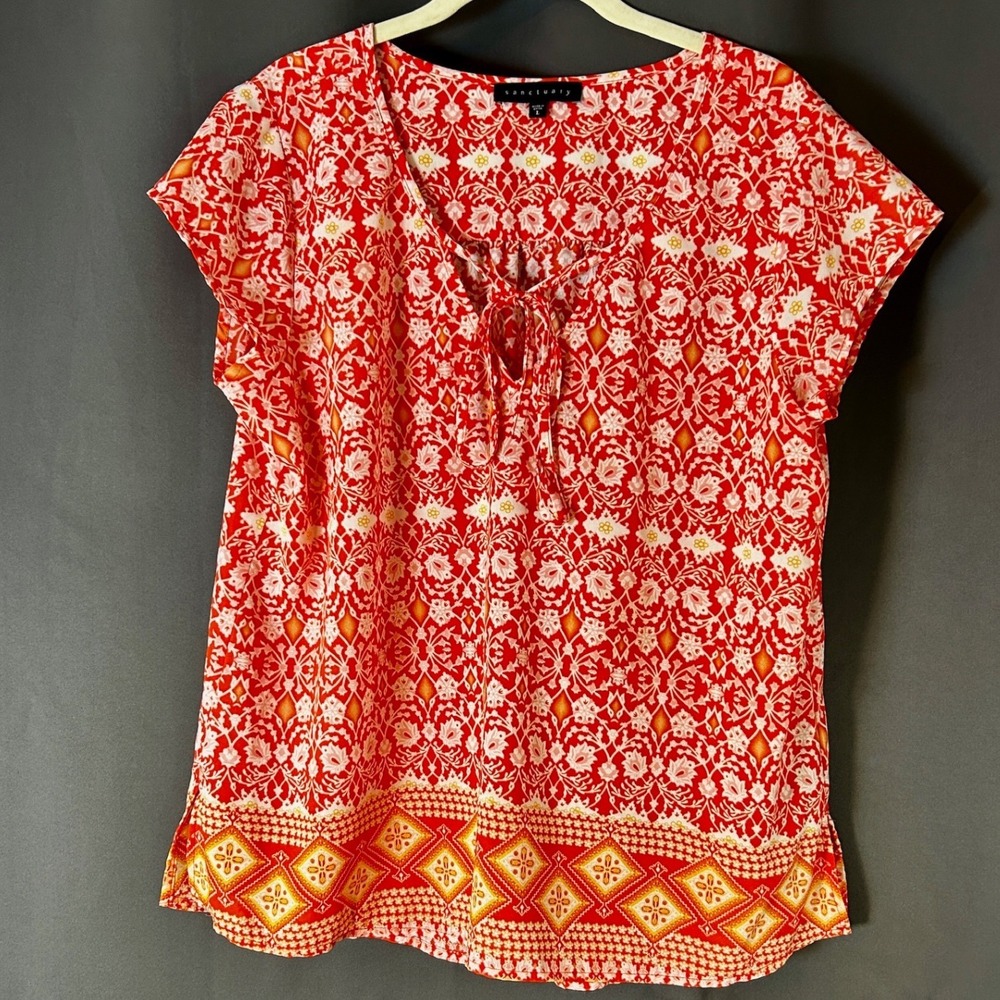Sanctuary‎ Blouse Women L Red Excellent Floral Medallion Boho Tie Neck